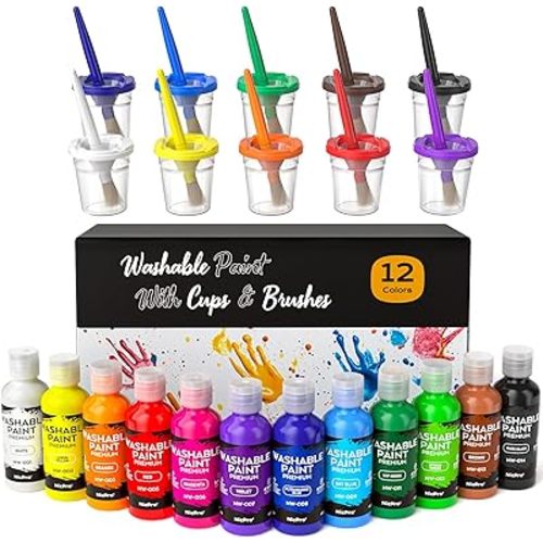 Nicpro 12Colors Washable Paint for Kids(2 oz), Finger Paint Set with Paint Cups and Toddler Paintbrushes, Non Toxic & Mess Free Kids Painting Set for Children Age 1-3 4 5 6+ Preschool Learning Gifts