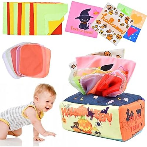 Halloween Baby Tissue Box Toy, Soft Montessori Tissue Box Baby Toys, High Contrast Crinkle Paper Sensory Toy for Boys Girls Kids Early Learning Gifts, Halloween Party Favors Gifts