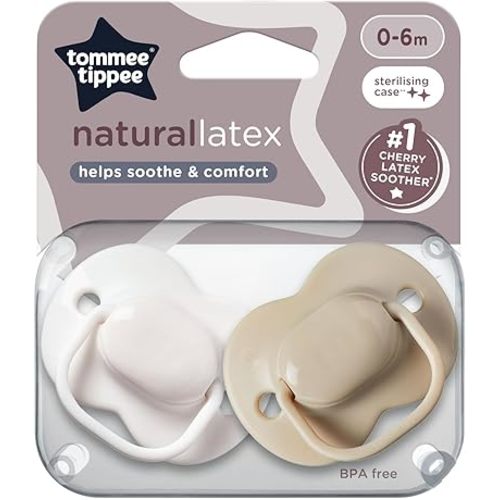 Tommee Tippee Cherry Latex Dummy, 0-6 Months Pacifier, White and Beige, Pack of 2 soothers with 100% Natural Latex baglet