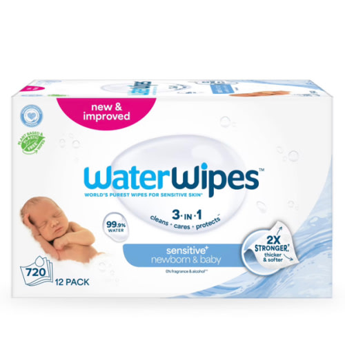 WaterWipes Sensitive+ Newborn & Baby Wipes, 3-In-1 Cleans, Cares, Protects, 99.9% Water, Unscented & Hypoallergenic, 720 Count (12 Packs)