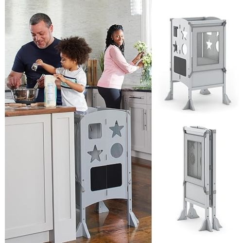 Guidecraft Classic Kitchen Helper® Toddler Tower - Gray: Folding, Adjustable Height, Learning Step Stool for Kids, W/Chalkboard | Montessori Collapsible Safety Non-Slip Platform