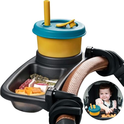 Universal Stroller Snack Tray, Cup Holder Tray with Silicone Flexible Arms Grip, Universal Stroller Snack Tray Attachment for Baby & Toddler, Stroller Accessories, Snacking On The Go, Dark Gray