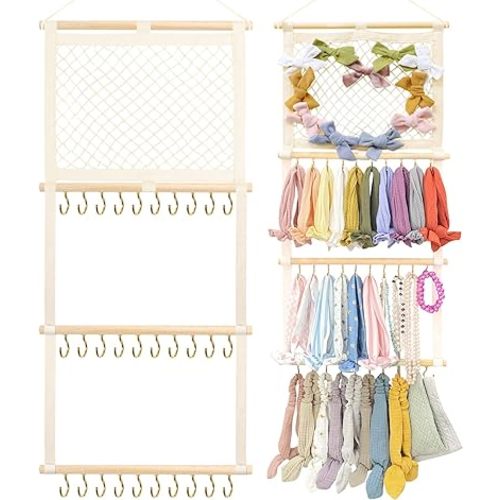 POVETIRE Headband Holder Hair Bows Organizer for Girls, Baby Headbands Hair Accessories Organizer Storage Wall Hanging Decor for Toddler Girls Room (Beige-grid)