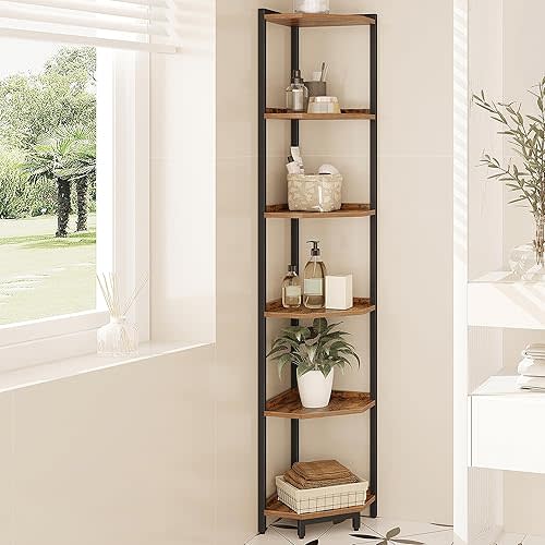 Corner Shelf Stand, Corner Bookshelf, Storage Standing Shelf Unit with Metal Frame, Plant Stand, Corner Bookcase for Living Room, Home Office, Bedroom, 6-Tier Rustic Brown CS06001B
