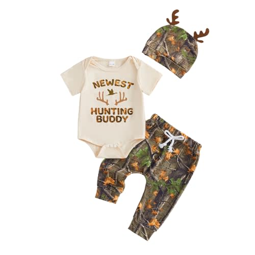 Newborn Baby Boy Summer Clothes Daddy’s Hunting Buddy Deer Printed Short Sleeve Romper Pants Hat 3PCS Set