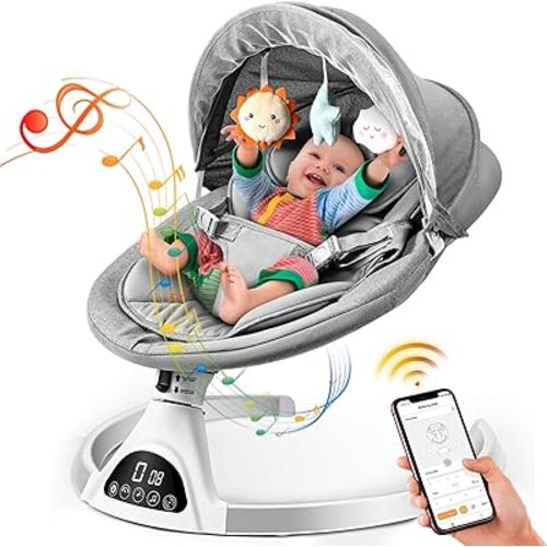 Baby Swings for Infants, Exclusive App & Bluetooth Electric Baby Swing, Smart Sensor&Timing, 5 Speeds, 12 Preset Lullabies and Headrest, Portable Baby Swing for Baby Boy Girl