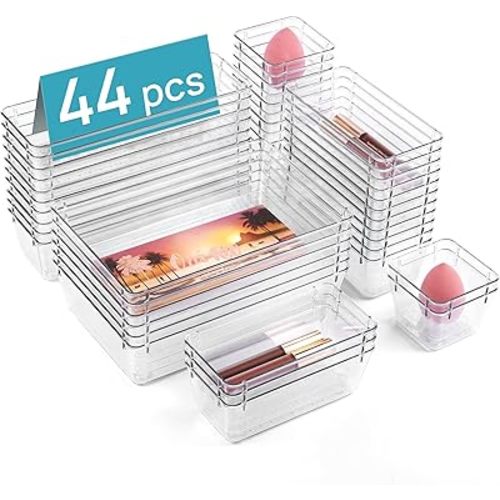 Vtopmart 44 PCS Clear Plastic Drawer Organizers Set, 4-Size Versatile Bathroom and Vanity Organizer Trays, Non-Slip Storage Containers for Makeup, Jewelries, Bedroom,Kitchen Utensils and Office