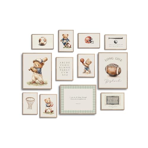 TwoDays Vintage Sports Nursery Decor for Toddler Boys Bedroom, Cute Bear Wall Art for Kids Playroom, Long Live Boyhood Posters for Little Man Cave (Multi Sizes, Set of 12, 8" X 10" Largest, UNFRAMED)