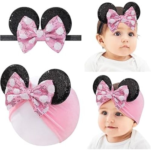 choicbaby Baby Girl Headbands Mouse Ears Headwrap with Sequin Polka Dot Bow Soft Stretchy Nylon Hair Bands for Newborn Infant Baby Toddler Girls- Pack of 2