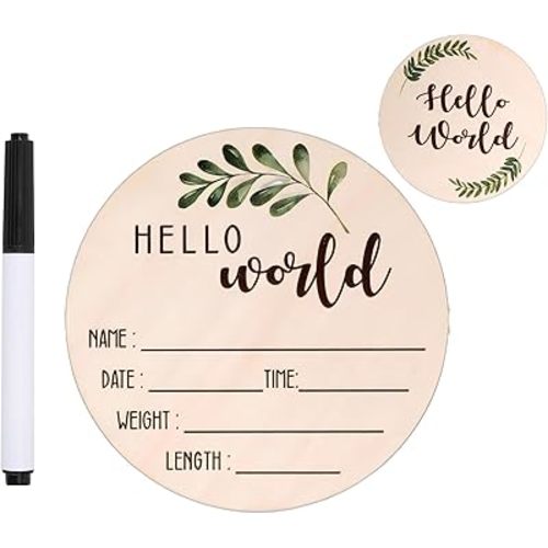 Baby Announcement Sign, 5.9Inches Hello World Newborn Sign, Double Sided Wooden Birth Announcement Signs Baby Photoshoot Props for Girl Boy Baby Shower Hospital Nursery