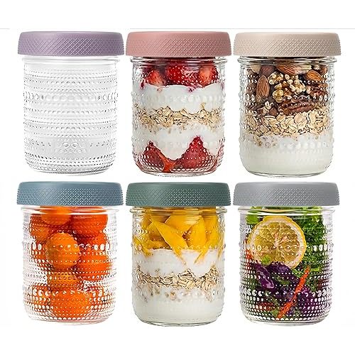 WACOI Overnight Oats Containers 16oz with Lids, 6 Pack Wide Mouth Mason Jars with Airtight Lids, Glass Food Storage Containers for Pickling, Fermenting, Snacks, Salad, Yogurt, Spice