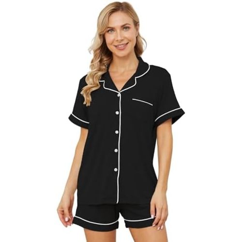 Womens Pajama Sets Short Sleeve Sleepwear Soft Button Down Nightwear Lounge Pj Set XS-XXL