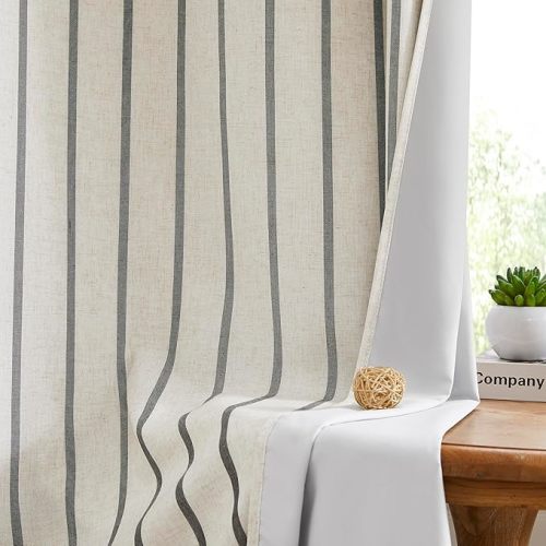 63 Inch Black Stripe Full Blackout Curtains,Woven Vertical Stripes on Beige Linen Blend Drapes with Light Blocking Liner,Rustic Thermal Insulated Bedroom Window Treatment,Grommet,40"Wx63"Lx2
