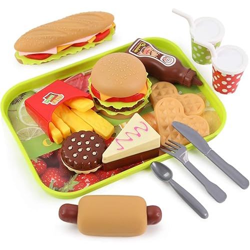 LovesTown Kids Toys Burger, 20 Pcs Kids Play Food Set Toddlers Pretend Toy Food Fake Food Toy Food for Kids Birthday Gift