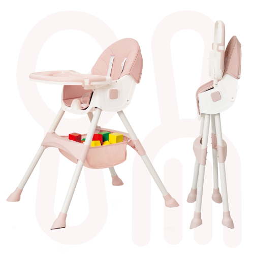 APRPINK 6-in-1 Baby Convertible High Chair with 5-Point PU Safety Harness Pink Striped, Foldable Portable