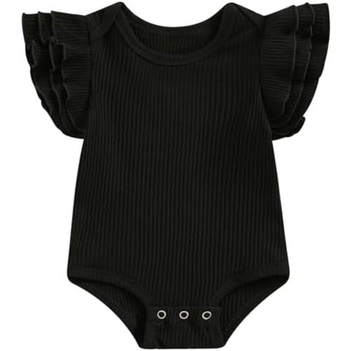 Mubineo Baby Girl Summer Clothes Basic Plain Ruffle Short Sleeve Romper Bodysuit Newborn Rib Knit Tops Clothes