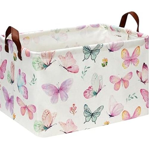 Rectangle Pink Butterfly Storage Basket with Handles, Collapsible Kids Toys Bin, Cute Baby Storage Basket,Books Box,Gift Basket(Pink Butterfly)