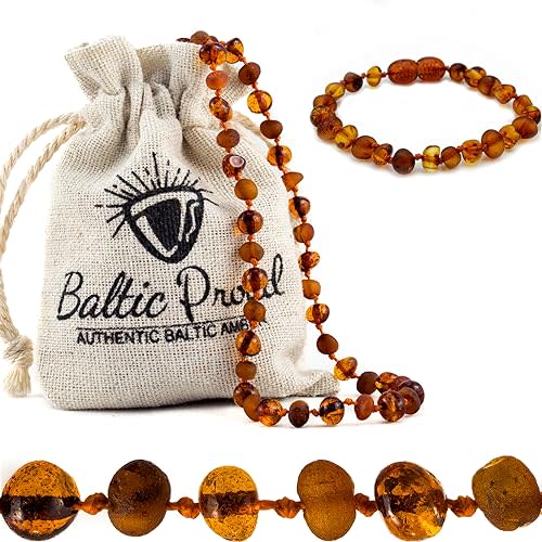 Baltic Proud Amber Necklace and Bracelet Gift Set (Unisex Cognac Mix 12.5 Inches/5.5 Inches) - Certified Premium Quality Raw Baltic Sea Amber