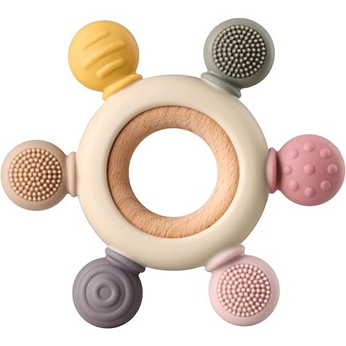 Baby Teething Toys, Silicone Chewable Toys with Organic Wooden Ring for Infants 3+ Months, Silicone Teething Toys for Soothing Sore Gums, Sucking Needs (6 Directions, Khaki)