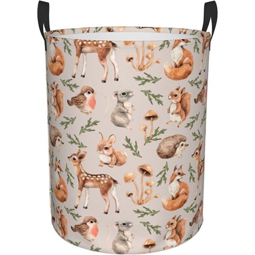 62L Round Laundry Hamper Forest Little Animals Storage Basket Waterproof Coating Deer Squirrel Fox Hedgehog Bird Organizer Bin For Nursery Clothes Toys