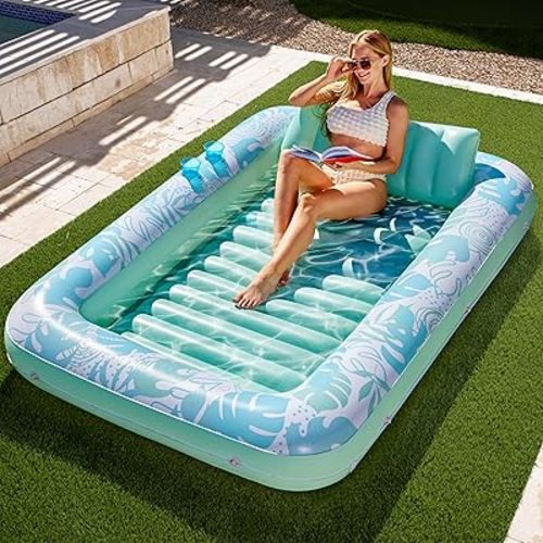 SLOOSH Inflatable Tanning Pool Lounger Float,85" x 57" Extra Large Pool Floats Adult with Pillow,4 in 1 Suntan Tub Raft Floatie,Sunbathing Bed Lounge Blow Up Ball Pit Party Gifts,XL-Cyan White