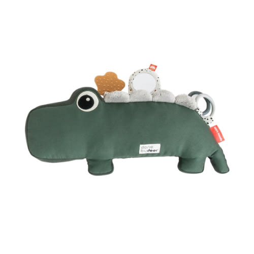 Done by Deer Tummy Time Activity Toy Croco Green - Soft Pillow with Teether, Rings, Mirror, Tags, and Crinkle Sounds for Sensory Exploration & Neck/Back Strength
