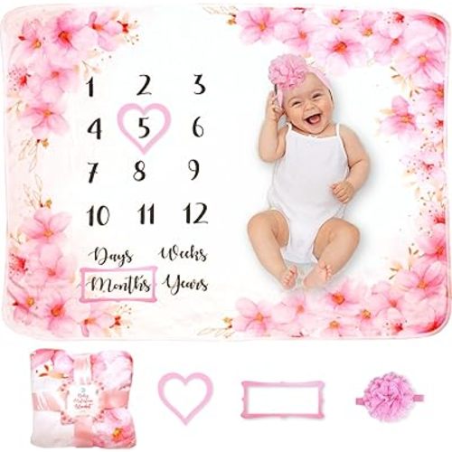 Evovee Baby Monthly Milestone Blanket Girl Flowers Floral Baby Month Blanket Age Photo Blanket, Photography Backdrop Newborn Girls Props, Marker and Headband New Moms Cherry Blossoms