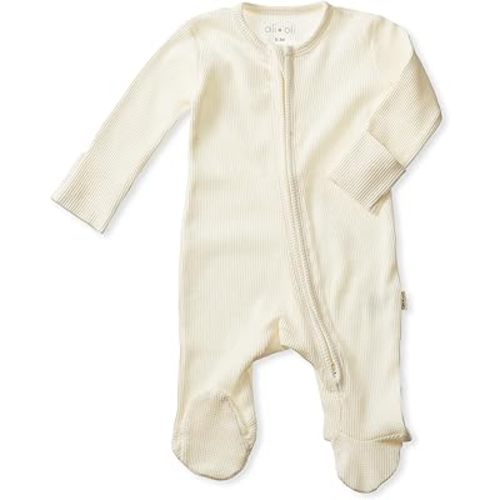 Ali+Oli Baby Footie – 100% Organic Waffle Cotton 2-way Zip Long Sleeve Fold Over Mittens Outfit – Footed Jumpsuit for Infants