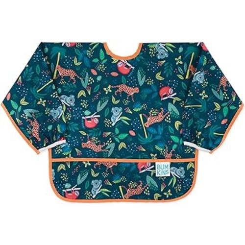 Bumkins Sleeved Bib for Girl or Boy, Baby and Toddler for 6-24 Mos, Essential Must Have for Eating, Feeding, Baby Led Weaning Supplies, Long Sleeve Mess Saving Food Catcher, Soft Fabric, Jungle