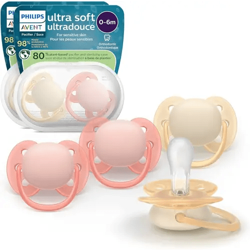 Philips Avent Ultra Soft Pacifiers - Orthodontic Design, for Babies 0-6 Months, Flexible Shield, Silicone Symmetrical Nipple, BPA-Free, 2 Sterilizing Cases, 4 Pack, SCF091/47