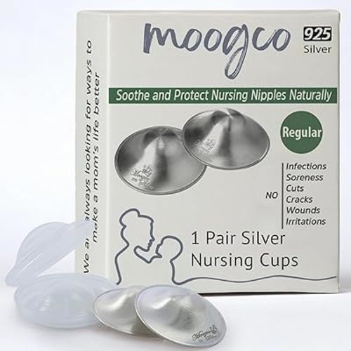 MOOGCO The Original Silver Nursing Cups - 925k Silver Nipple Cups - Nipple Shields for Breastfeeding Newborn – Protective Silver Nipple Covers for Nursing Moms (925k Regular)