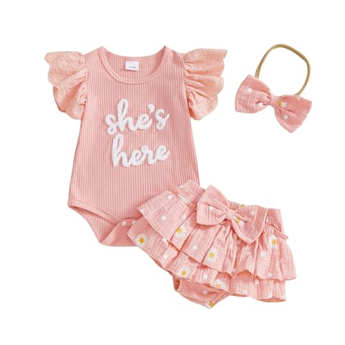Madjtlqy She is Here Newborn Outfit Baby Girl Clothes 0 3 6 9 12 18 Months Ruffle Sleeve Romper Headband Shorts Set