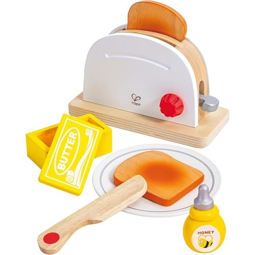 Hape White Wooden Pop-Up Toaster Set Pretend Play Breakfast Accessories for Preschoolers