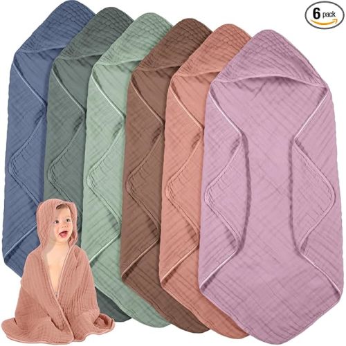 Peryiter 6 Pcs Muslin Hooded Baby Towels 32 x 32 Inch Cotton Newborn Bath Essentials Muslin Infant Blankets Absorbent Registry Gifts for Girl Boy Kids Baby Shower (Green and Pink Series)