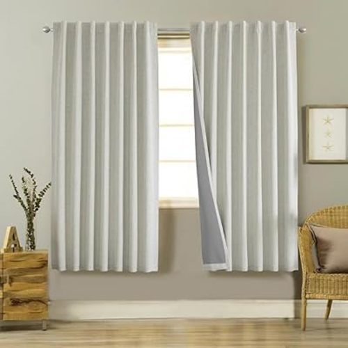 Joydeco 100% Black Out Curtains 72 inch Long 2 Panels Burg Natural Blackout Linen Drapes for Bedroom Living Room Darkening Curtain Thermal Insulated Back tab Rod Pocket(52x72 inch,Light Beige)