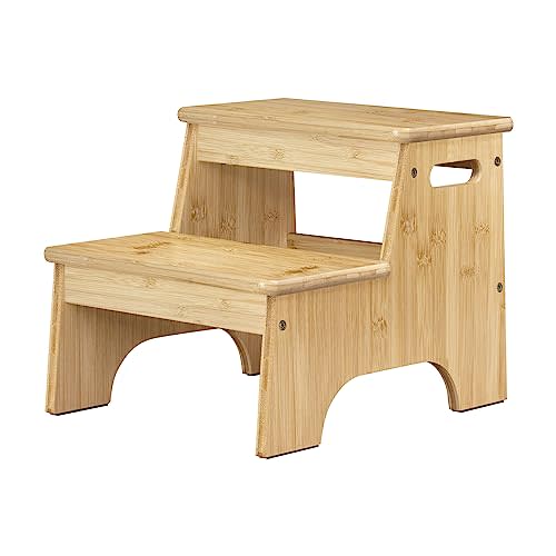 Forbena Wooden Bathroom Step Stool for Toddlers, Heavy Duty Kids 2 Step Stool for Bathroom Sink Kitchen Counter, Bamboo Wood Non-Slip Baby Children Potty Stepping Stool Seat with Handles for Toilet