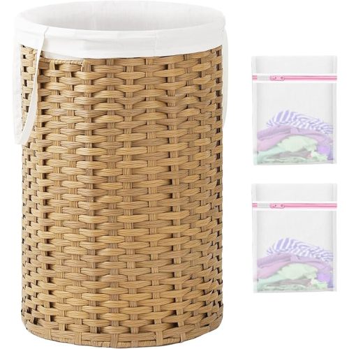 Large Laundry Hamper Laundry Basket Round 34.3 Gal (130 L) Handwoven Wicker Laundry Baskets Rattan Laundry Basket with Removable Bag Handles 2 Mesh Bags for Living Room Bedroom Natural