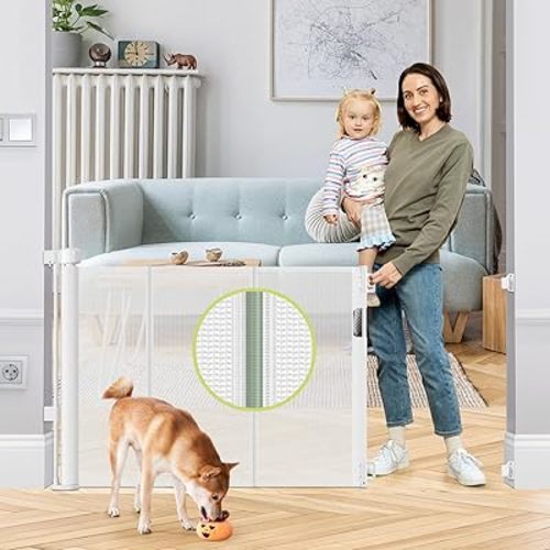 Reinforced 55" Wide Retractable Baby Gate Outdoor Retractable Gate with Reinforced Bar Mesh Baby Gate Retractable Dog Gate Retractable Mesh Gate for Kids and Pets Safety Retractable Pet Gate for Stair