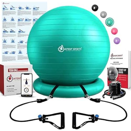 INTENT SPORTS Yoga Ball Chair – Stability Ball with Inflatable Stability Base & Resistance Bands, Fitness Ball for Home Gym, Office, Improves Back Pain, Core, Posture & Balance (65 Cm)