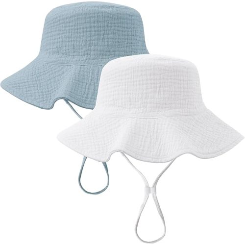 Konssy 2 Pack Muslin Baby Sun Hat UPF 50+ Sun Protection Baby Bucket Hat Summer Beach Hats with Wide Brim for Boys & Girls