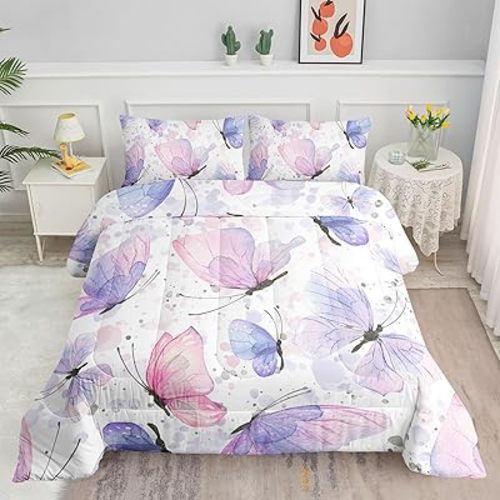 Kids Comforter Set Butterflies Printed Pattern Bedding Set with 1 Comforter and 2 Pillowcases for Girls Boys Bedroom All Season(Butterflies Queen)