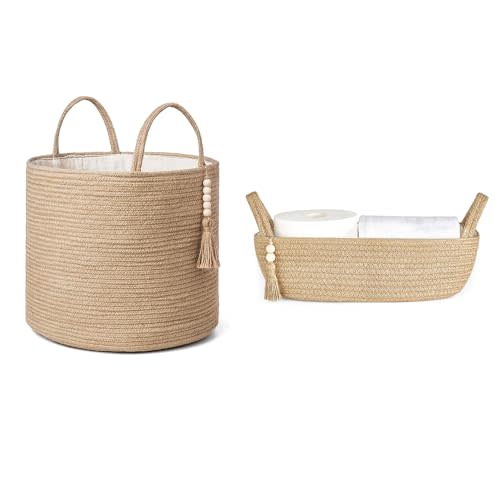 Mkono Woven Storage Basket Organizer and Decorative Jute Rope Basket Boho Decor for Bedroom, Dorm, Living Room, Bathroom, Set of 2