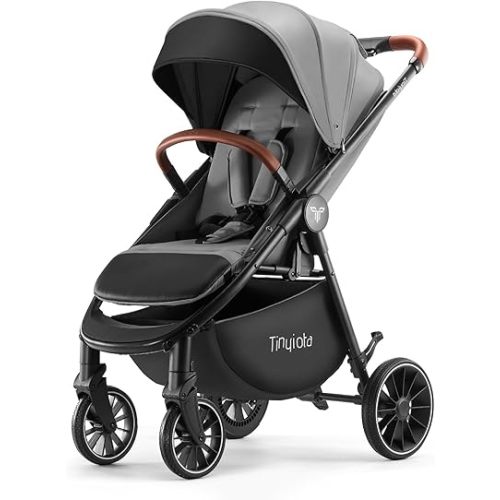Baby Stroller, Infant Stroller with Large UPF 50+ Canopy,Luxury Pram Stroller with Leather Handle & Spacious Seat, One-Hand Foldable Pushchair, Toddler Stroller with Lie-Flat Mode(Gray)