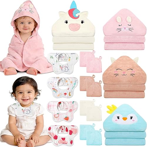 Flasoo 16 Pcs Baby Towels Set, Baby Towels and Washcloths Set,4 Pcs Animal Hooded Baby Towels, 4 Pcs Baby Bibs & 8 Pcs Washcloths Set for Infants, Toddlers and Kids-Unicorns, Rabbits, Kittens & Chicks