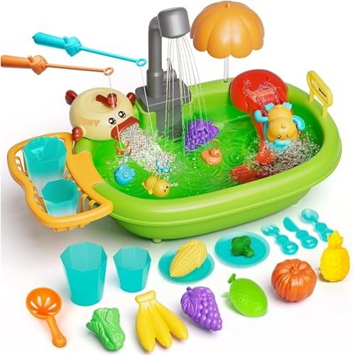 Kids Sink with Running Water, Toddler Pretend Play - Color Changing Play Sink Toys for Boys Girls with Electric Faucet, Bath Bubble Machine, Kitchen Toy Accessories, Floating Pool Toys & Fishing Game