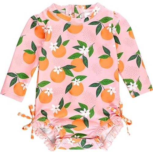 RuffleButts Baby Girls UPF 50+ Sun Protection Floral Printed Long Sleeve One Piece Rash Guard Swimsuit with Zipper