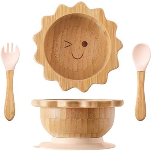 let's make Bamboo Suction Bowl for Baby Kid Toddler Bowl Spoon Fork Set with Removable Silicone Suction All-Natural Baby Feeding Set for Baby-Led Weaning Fits Feeding High Chair Table
