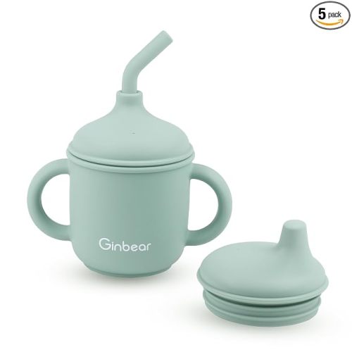 Ginbear 2-in-1 Sip-N-Straw Baby Cup, Spill Proof Non-toxic BPA Free Food Grade Silicone Training Transition Sippy Cup for Toddler 6 Months+ (Hazy Green)