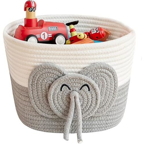 Adorable Small Elephant Cotton Rope Basket - Gift Empty Baskets - Toy Storage Basket, Woven Basket for Baby Essentials, Decorative Woven Basket for Nurseries and Playrooms (11"x7")
