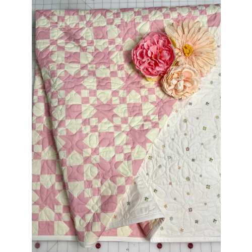 Handmade Whole Cloth Crib Quilt – Pink & Cream Floral, Reversible Nursery Blanket, Longarm Quilted Baby/Toddler Gift